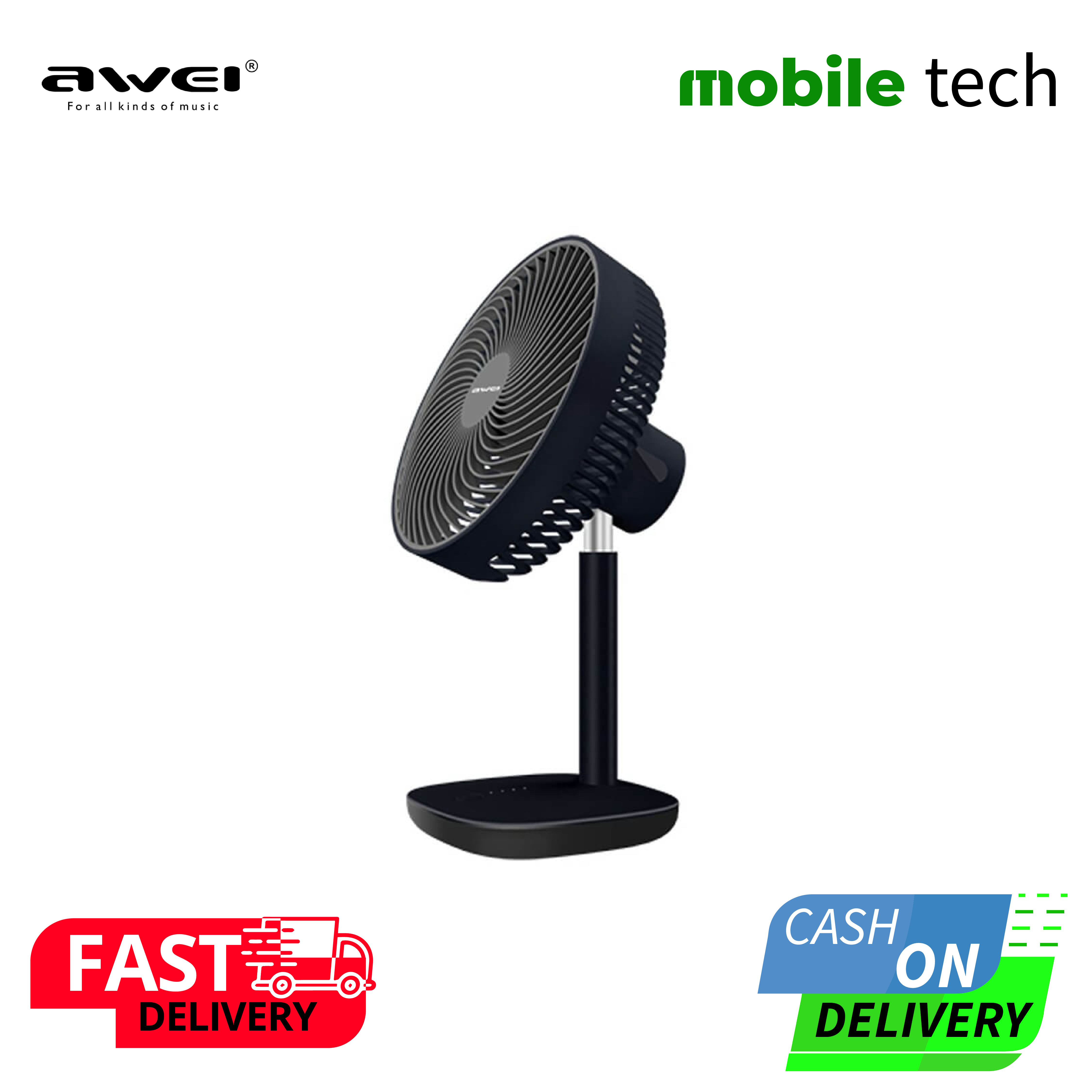 Awei F23 Portable USB Rechargeable Desk Fan (4000mAh)- Black Color